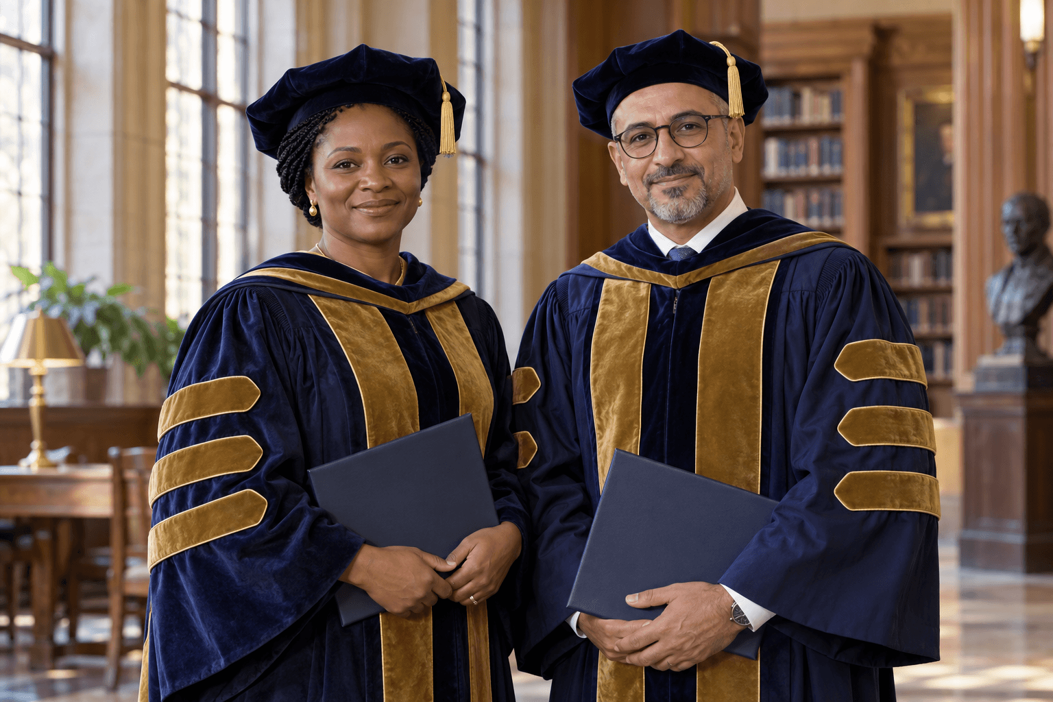 Scène illustrée : deux professionnels en tenue de remise de diplôme doctoral, avec leurs porte-diplômes.