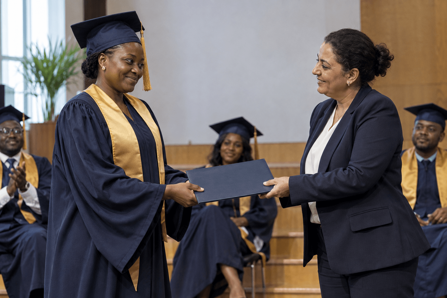 Scène d’illustration : une diplômée en robe et toque MBA reçoit un porte-diplôme devant d’autres participants.