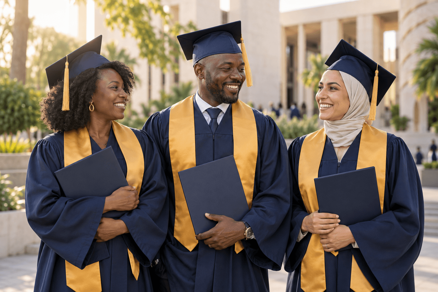 Scène illustrée : trois professionnels en tenue de remise de diplôme MBA, avec leurs porte-diplômes.
